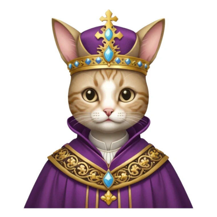 “Half-body humanoid figure with a realistic cat face, wearing ornate bishop robes and a mitre, dark gothic background, dramatic lighting, highly detailed.” sticker