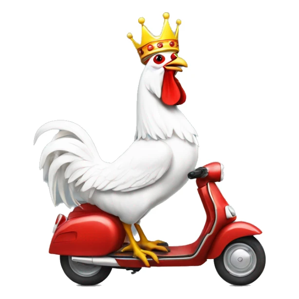 howling a white rooster with a crown on its head driving a scouter Vespa, realistic sticker