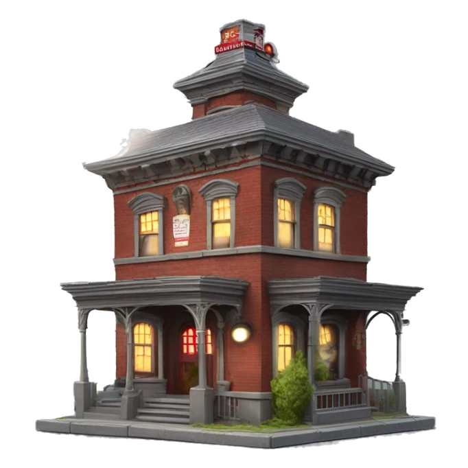 Very old dilapidated Firehouse building shaped like the Ghost Busters Firehouse with solar lights and decorative and detailed  sticker