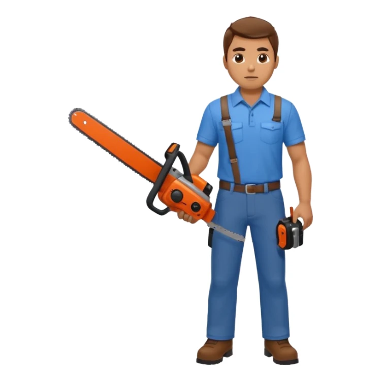 A man with a blue shirt and brown pants holds a chainsaw and a shotgun  sticker