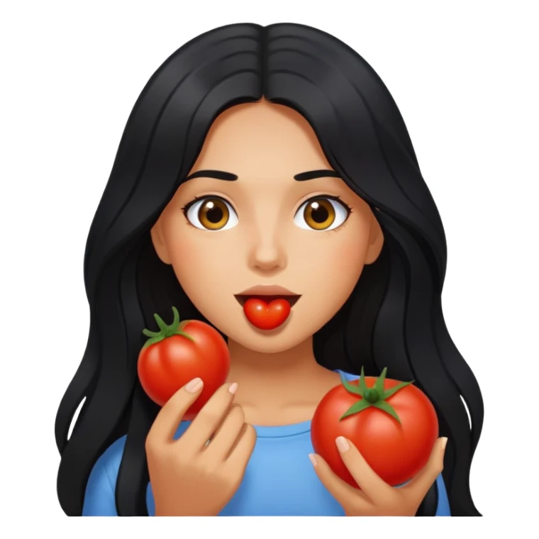 Pretty tanned girl with long black hair, eating tomatoes sticker