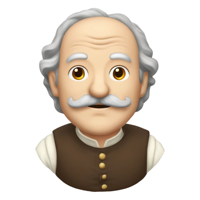 Short pudgy old man over enthusiastic happy excited face bald forehead long wavy gray and brown brunette long wavy hair moustache Shakespearean dress vintage clothes hamlet small arms sticker