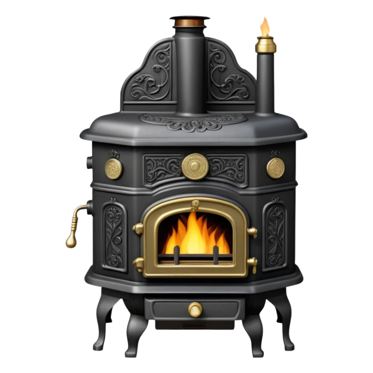 An antique cast iron coal stove from the 1900s with ornate details, small fire visible inside, black metal with brass accents sticker