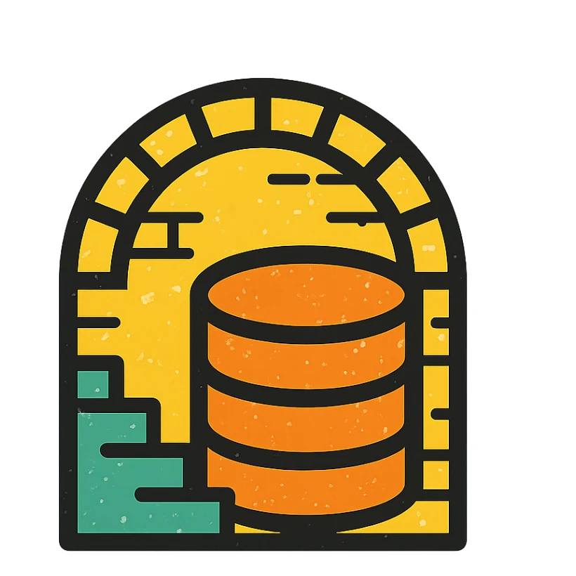 minimalist icon of a database cylinder (disk) in a basement or underground setting with simple stairs, arch, or brickwork, worn distressed effect sticker