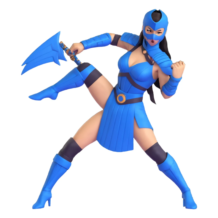Kitana from Mortal Kombat 3, blue warrior with mask and fans, combat pose, 3D emoji style sticker