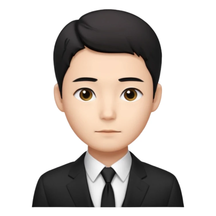 Korean male, clean studio portrait, short black hair with soft middle part,
natural skin tone, neat eyebrows, calm expression,
wearing a black suit, white shirt, black tie,
passport photo style, front facing, realistic, clean background sticker