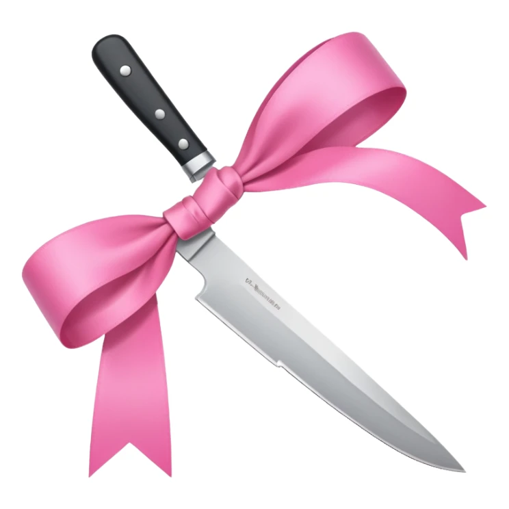 Only one object: a kitchen knife. A pink ribbon bow is tied directly on the knife handle. No other items. No decorations. Minimal emoji style. White background. Flat vector. sticker