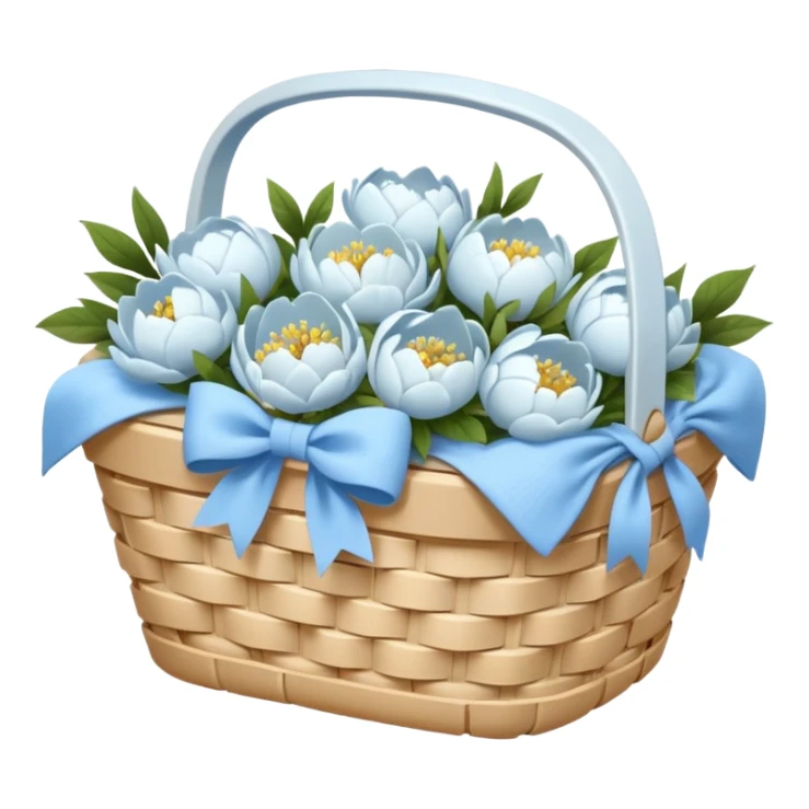White Picnic basket with light blue bow and white peonies inside sticker