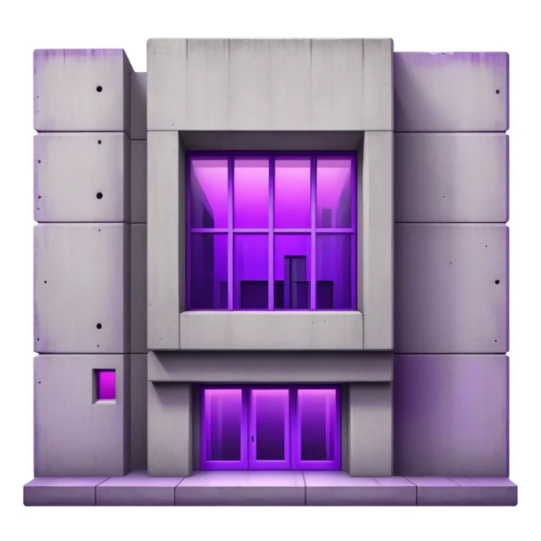 Brutalist concrete building with single vibrant purple window illuminated from within sticker