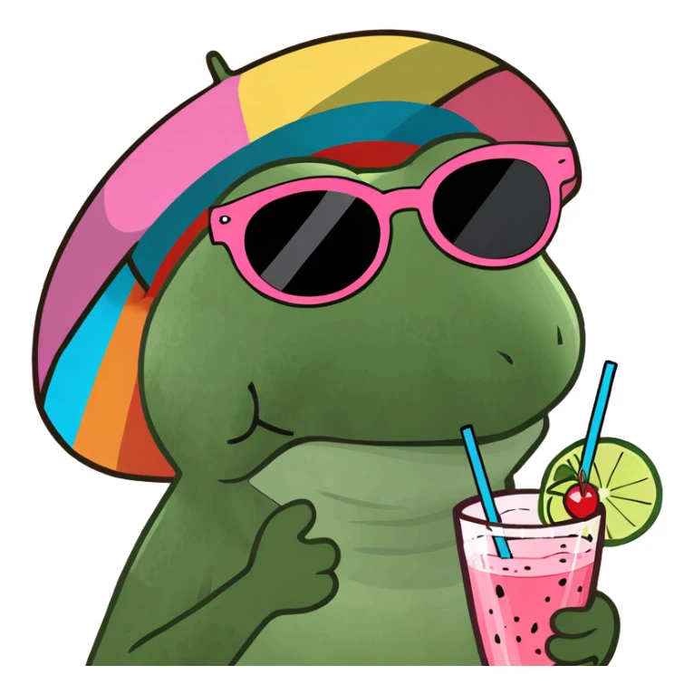 Bufo frog in a jumping pose, wearing a rainbow umbrella hat, round sunglasses, holding a pink cocktail, classic Bufo meme style sticker