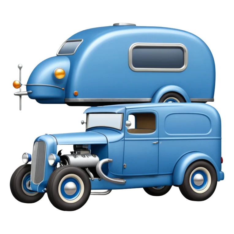 A rat rod 1934 hot rod caravan pulling a large matching trailer, blue and pearl  sticker