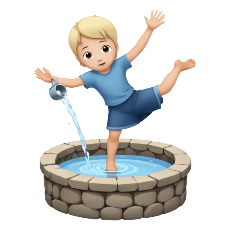 Create a clean emoji-style icon showing a small child falling into a round stone water well. The well must be clearly recognizable: circular stone rim, dark opening. Show the child mid-air, tilted downward above the well with simple motion lines. sticker