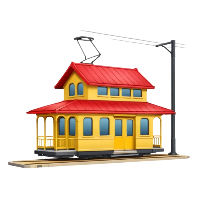 small tram station building with platform and visible tram, classic emoji style sticker