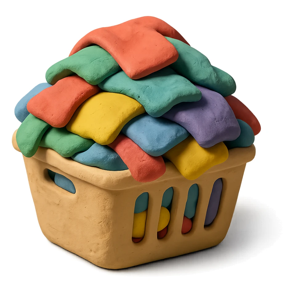 laundry basket filled with colorful clothes, visible fingerprints, soft lighting, claymation style sticker