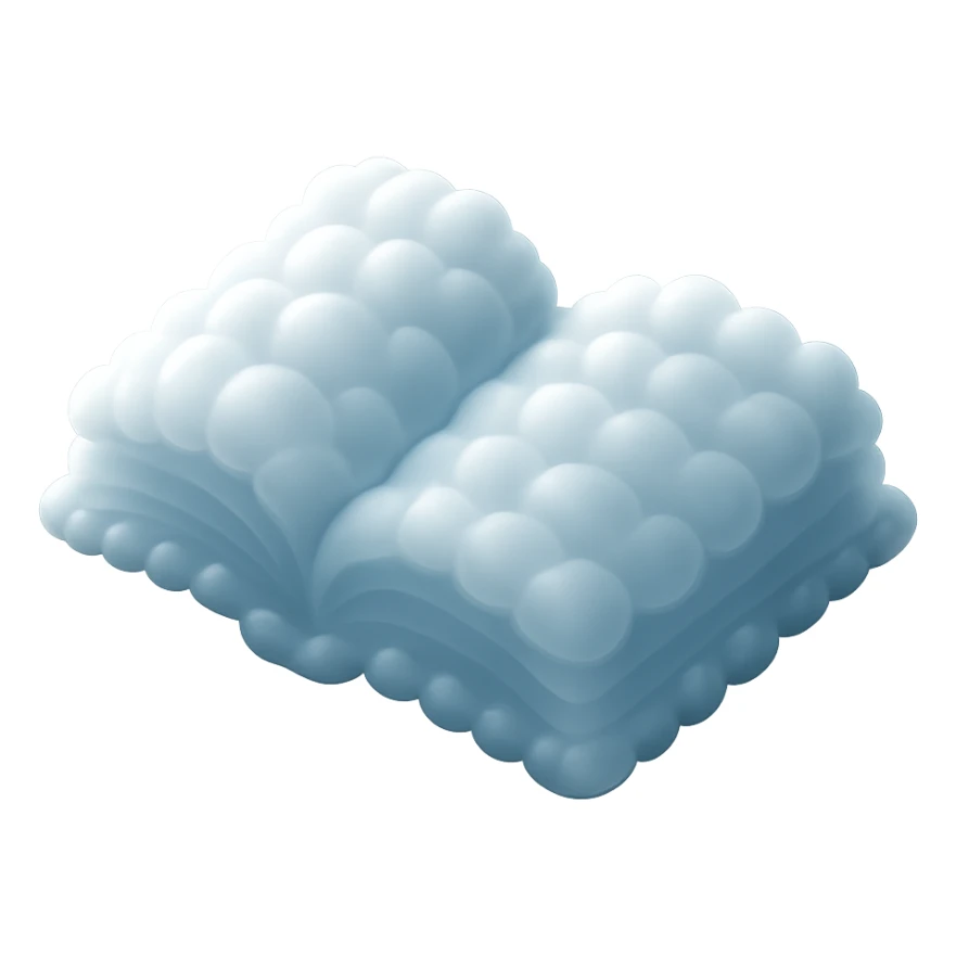 top view of a thick open book made entirely of small, very bright white fluffy convex clouds, matte glass style sticker
