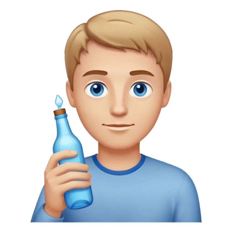 white guy light brown short hair blue eyes holding bottle sticker