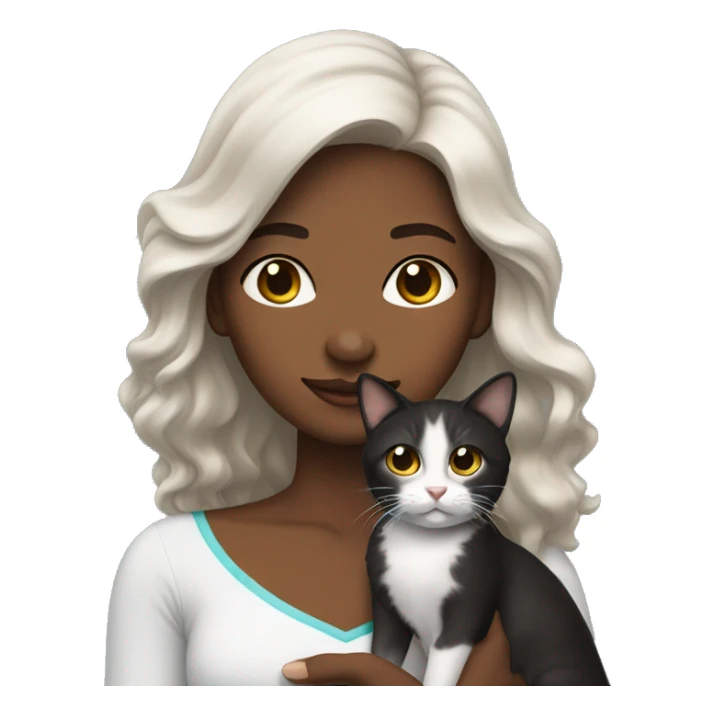 long wavy haired brown skin woman holding black and white cat sticker