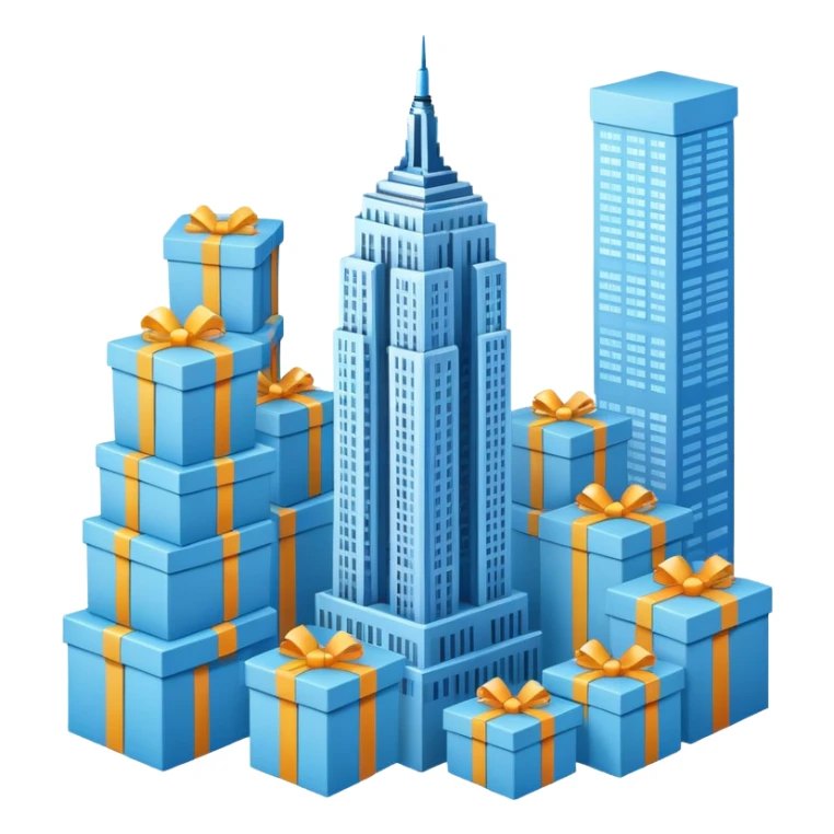 light blue Empire State Building with boxes stacked around, lively sticker