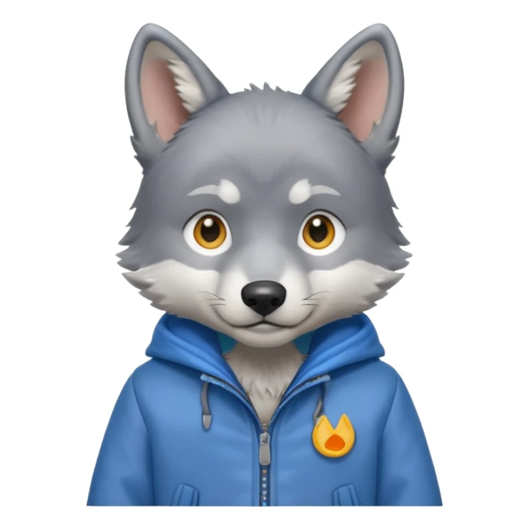 Wolf pup with soft fur and alert ears, jacket, half body, standing sticker