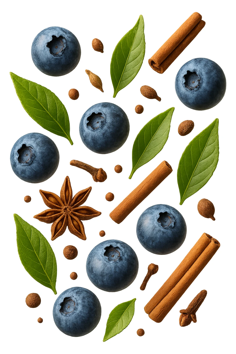 mirtilli, thè verde, spezie, fluttuano in aria, iperrealistico 4k sticker