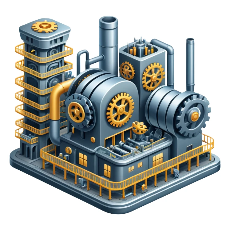 An icon featuring a giant factory with industrial machines and assembly lines, symbolizing mechanical engineering. The design includes gears, robotic arms, and blueprints, representing the creation of machinery and complex systems. Transparent background highlights innovation in manufacturing sticker