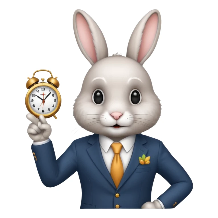 A rabbitwearing a suitand holding a clockand pointing at the clock sticker