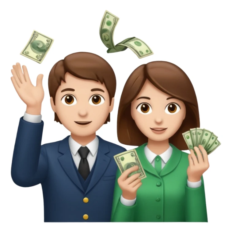 Couple in brown hair throwing money sticker