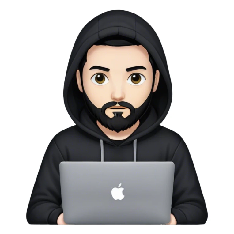 hackeur blanc cheveux noir barbe et capuche noir avec un macbook sticker