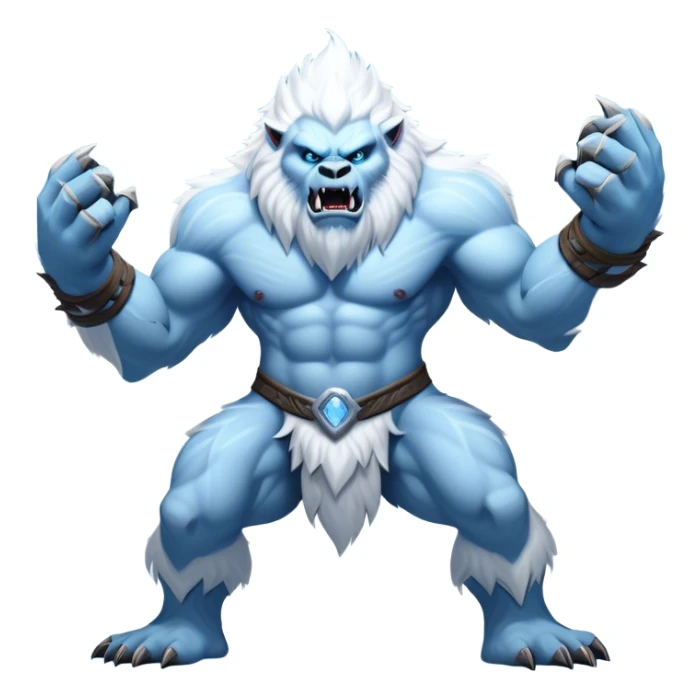 Cinematic Realistic WoW Yeti Portrait, captured in a dynamic, battle-ready stance, muscles rippling beneath dense fur of icy white and pale blue. His piercing ice-blue eyes blaze with raw power as frost clings to his form, rendered with dramatic natural lighting and high shine, exuding fierce, untamed strength in the midst of a wintry combat pose. sticker