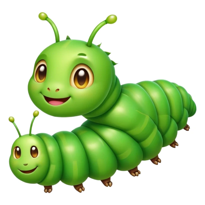 Cinematic Realistic Cute Caterpillar Portrait Emoji, Head tilted playfully and inquisitively, featuring a compact, segmented body in bright, vibrant green with delicate, inviting textures and a charming, rounded face with sparkling eyes full of curiosity, rendered with lifelike detail and natural highlights, high shine, affectionate and spirited, styled with a touch of garden whimsy, soft glowing outline, capturing the essence of a mischievous yet lovable caterpillar that seems poised to crawl cheerfully into your arms! sticker