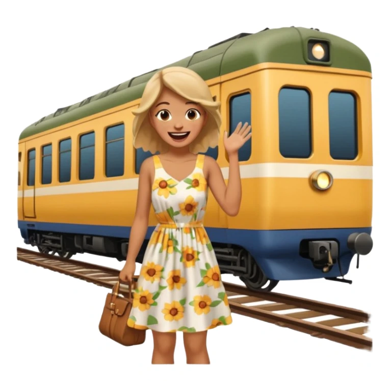 laughing woman infront of train sticker