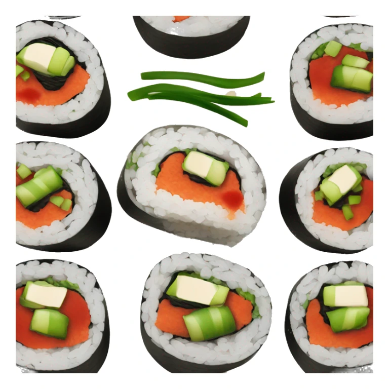 sushi roll with green onion and red sauce on top sticker