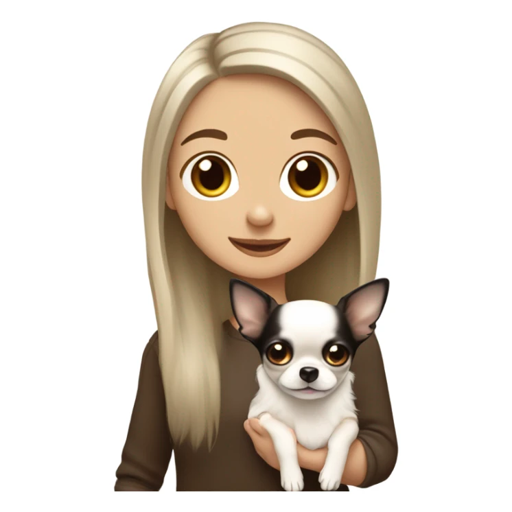smiling white girl with black long hair and brown eyes with her little solid white chihuahua and tiny solid brown chihuahua sticker