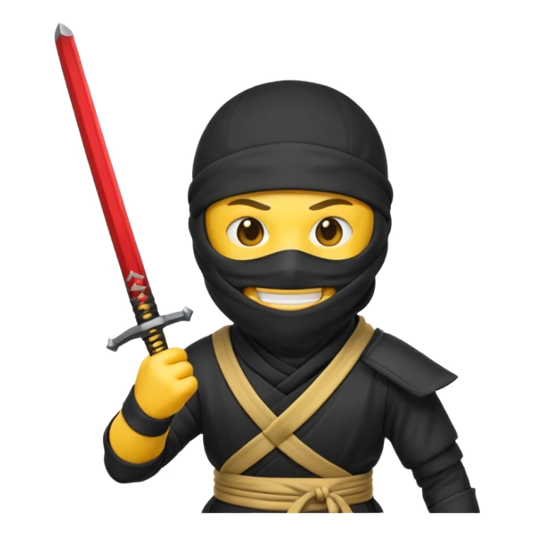 Make a customized yellow head emoji with hands and holding a sword in a ninja face mask sticker