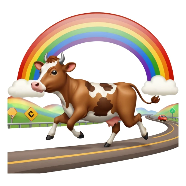 a cow running across a highway on a rainbow shooting a gun sticker