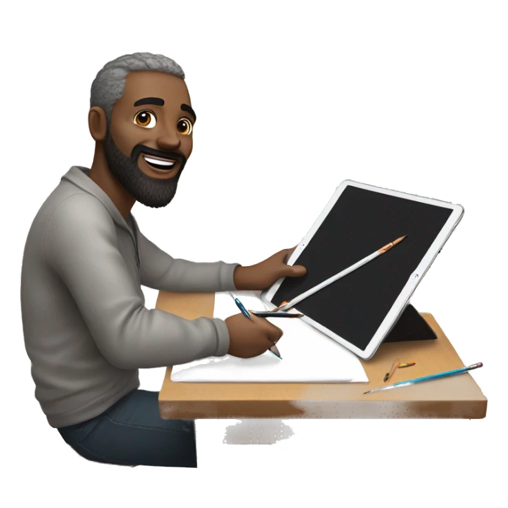 A man, drawing on an iPad with a stylus. , using the iPad placed on a table. with art tools like brushes and pencils around him. 🎨 sticker