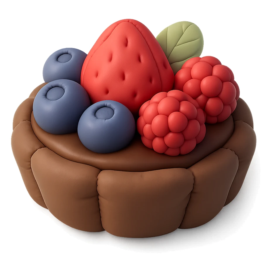 3D cushion style fruit tart with chocolate crust, chocolate ganache, topped with mixed berries and mint leaves, plush and soft sticker