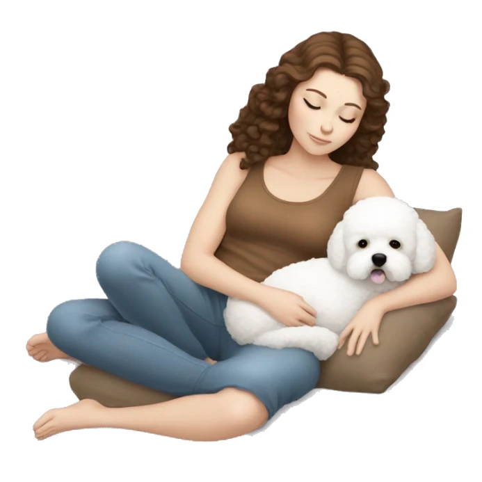 White girl brown hair sleeping with Mini Bichon sticker