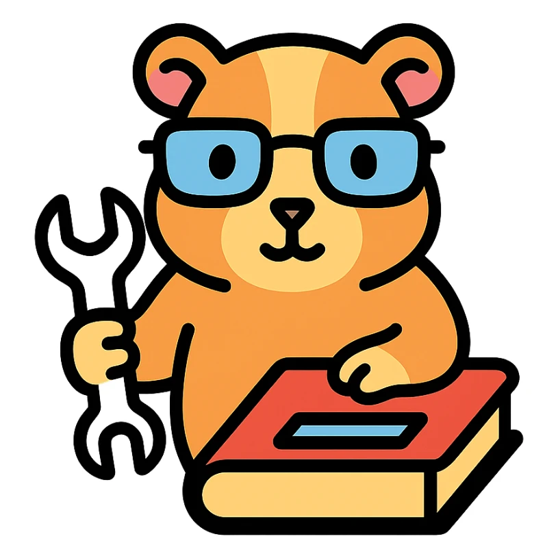 studious guinea pig with glasses, holding a wrench and fixing a book, color outline icon sticker