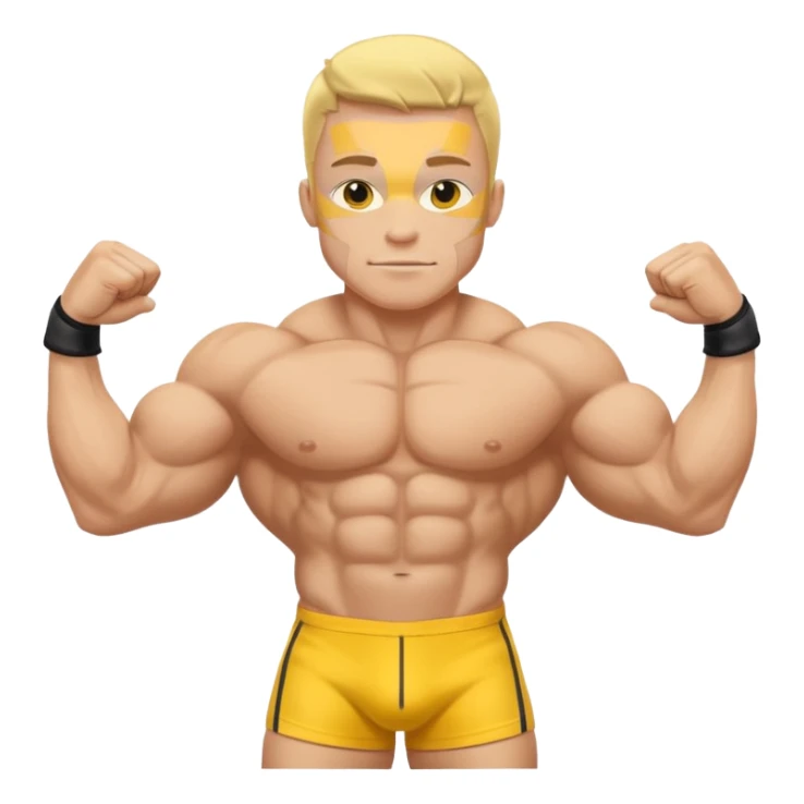bodybuilder doble biceps possing; complete body; yellow skin; no wrist bands; wearing a speedo sticker
