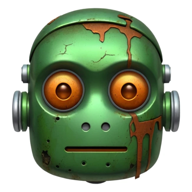 make a tired old robot emoji, covered in green sludge sticker