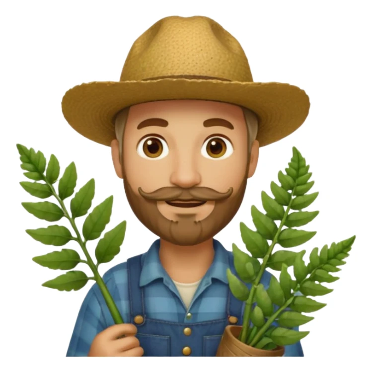 farmer emoji in classic apple style, same outfit and hat as original 🧑‍🌾, holding a bunch of fiddlehead ferns, light moustache and beard, facial features inspired by reference photo, smiling sticker