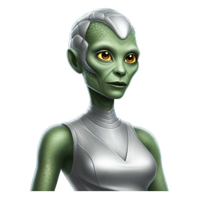 Alien reptilian woman in silver dress, working sticker
