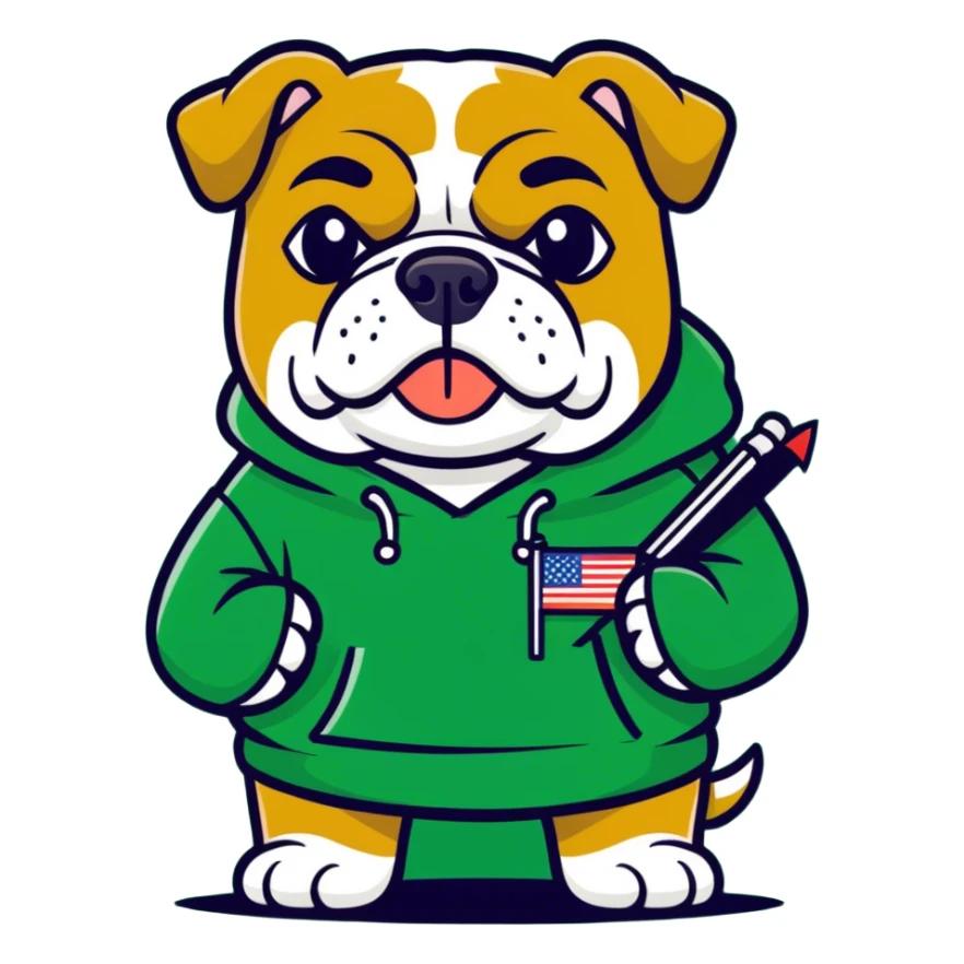 A bulldog wearing a green sweatshirt holding a little green flag sticker