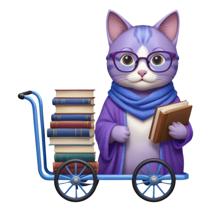 Purple and blue cat with reading glasses and a shawl, standing behind a 4 wheeled pushcart full of books sticker