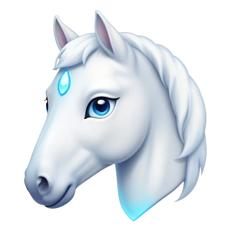 Cinematic Cute White Horse Portrait Emoji, Head tilted playfully and inquisitively, showcasing a glossy white fur with a luminous sheen and gentle, expressive blue eyes, Simplified yet irresistibly adorable features, highly detailed, glowing with a warm, friendly glow, high shine, affectionate and spirited, stylized with a touch of whimsy, bright and endearing, soft glowing outline, capturing the essence of a mischievous yet loving horse, so playful it feels like it could prance out of the screen and into your arms! sticker