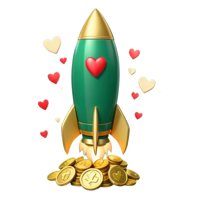 3D rocket with coins and hearts, deep green color (#0B3D2C), gold accents (#C9B037), cream highlights, glossy modern style, transparent background sticker
