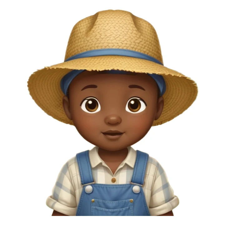 African baby in vintage countryside clothes, overalls, straw hat, chubby cheeks, rural farm setting sticker