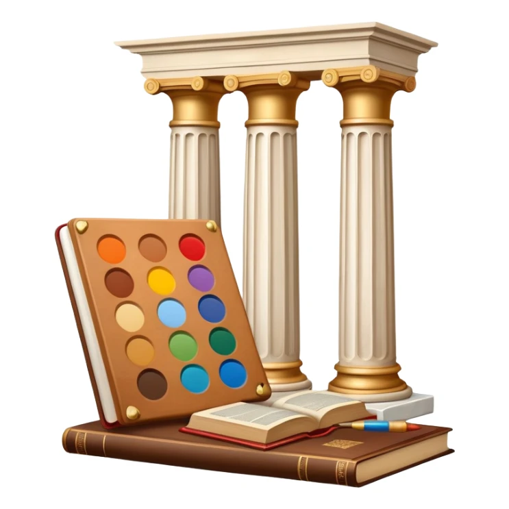 An icon featuring a paint palette, a sculpture, and a book, symbolizing the study of culture and art. The design includes a classical column and a canvas, representing art history and cultural exploration. Transparent background highlights the connection between creativity and history. sticker