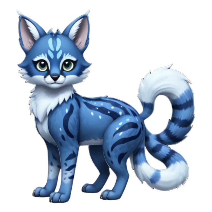 Cute kawaii cool edgy badass  glossy midnight-blue fur with silver starlight dusting fantasy-caracal-civet-genet-sergal-vernid-Gryphon-Cacomistle-Trico-oncilla-animal-Fakémon-hybrid-fursona (full body), facial markings, (realism style) sticker